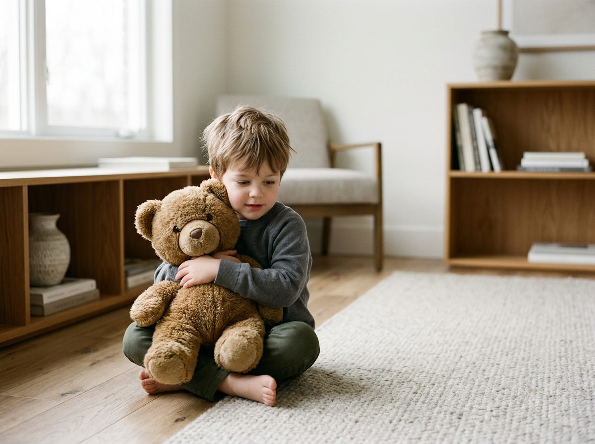 A young boy sitting on a carpeted floor in a living room, hugging a plush teddy bear, with shelves and a armchair in the background.