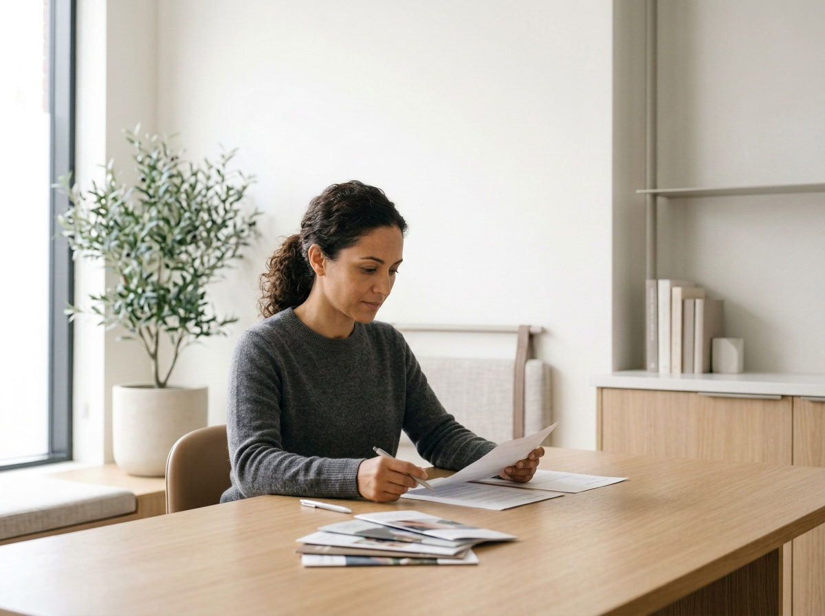 A woman sitting at a wooden table in a bright, minimalistic room, reading and reviewing documents, with a large potted plant and books in the background.