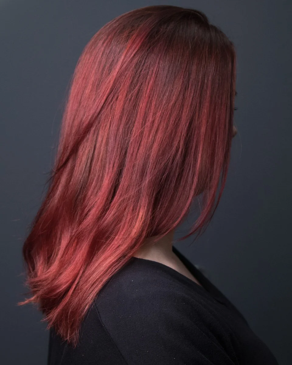 fashion color hair, red hair, red color, textured layers, layered women's hair cut, women's hair cut