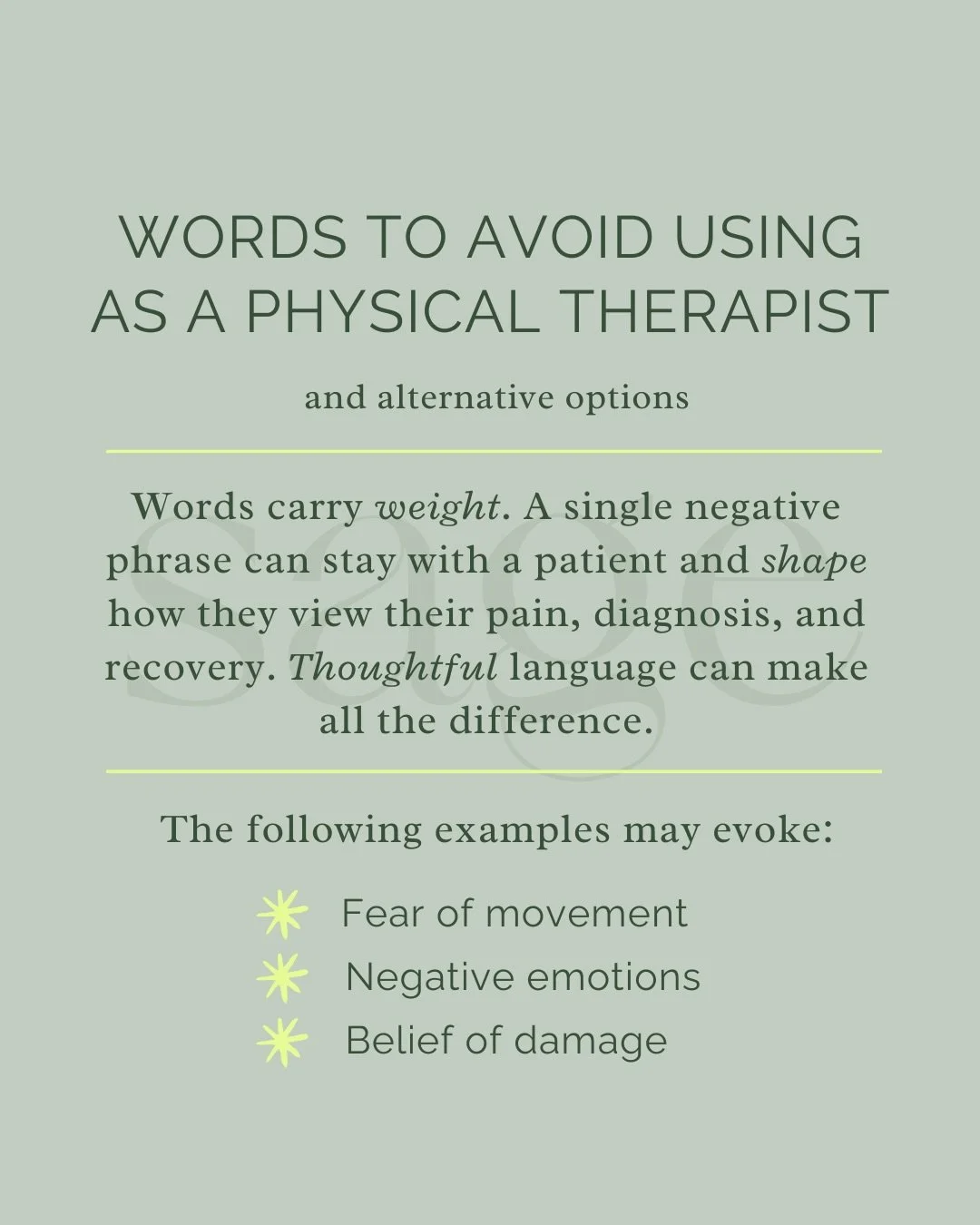 ▫️Patients - What are some things you&rsquo;ve been told? 
▫️PT&rsquo;s - What are some words/misinformation your patients have brought to you from prior healthcare providers? 

Words carry weight. We can either contribute positively or negatively to