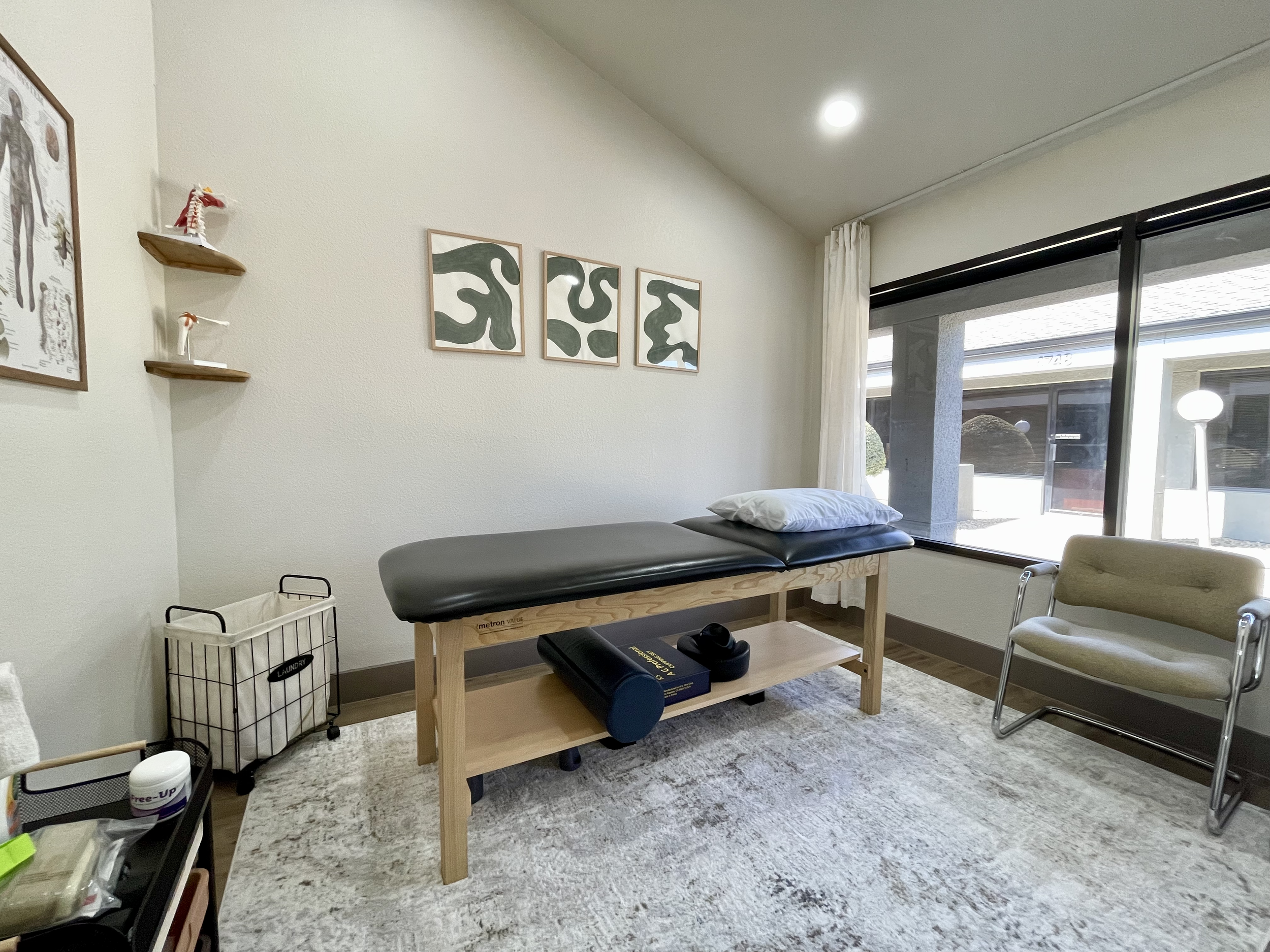A private suite with a physical therapy table, large windows looking out on courtyard, anatomical models, and artwork on the wall.