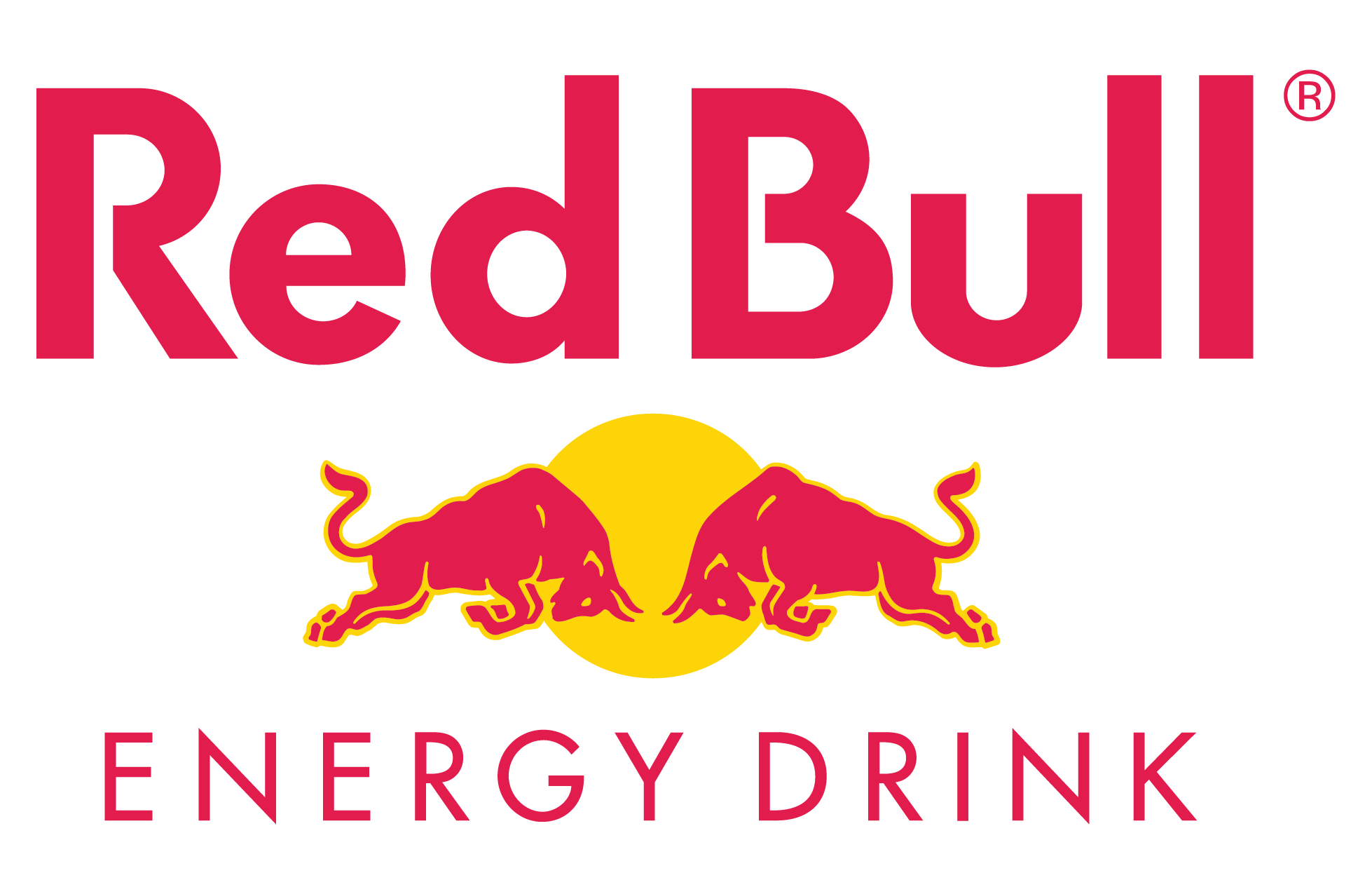 Red Bull logo with two red bulls facing each other in front of a yellow circle, and the words 'Red Bull Energy Drink' in pink.