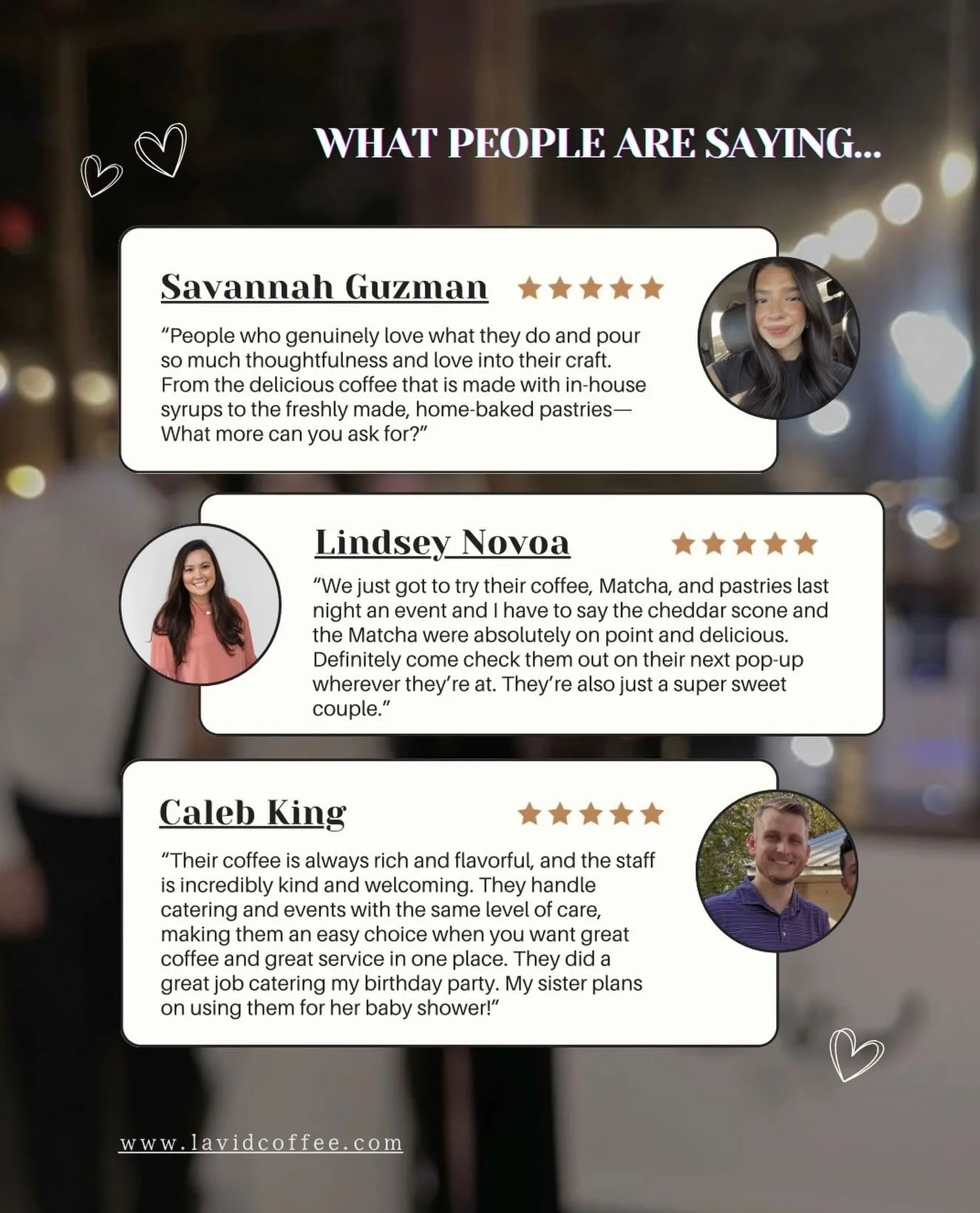 What are people saying about our coffee cart experience? See for yourself! 💝

At La Vid, we will always go above and beyond to ensure your event is one for the books!

DM us today for a custom quote! 🕺🏼

#coffeebar #specialtycoffee #coffeecatering