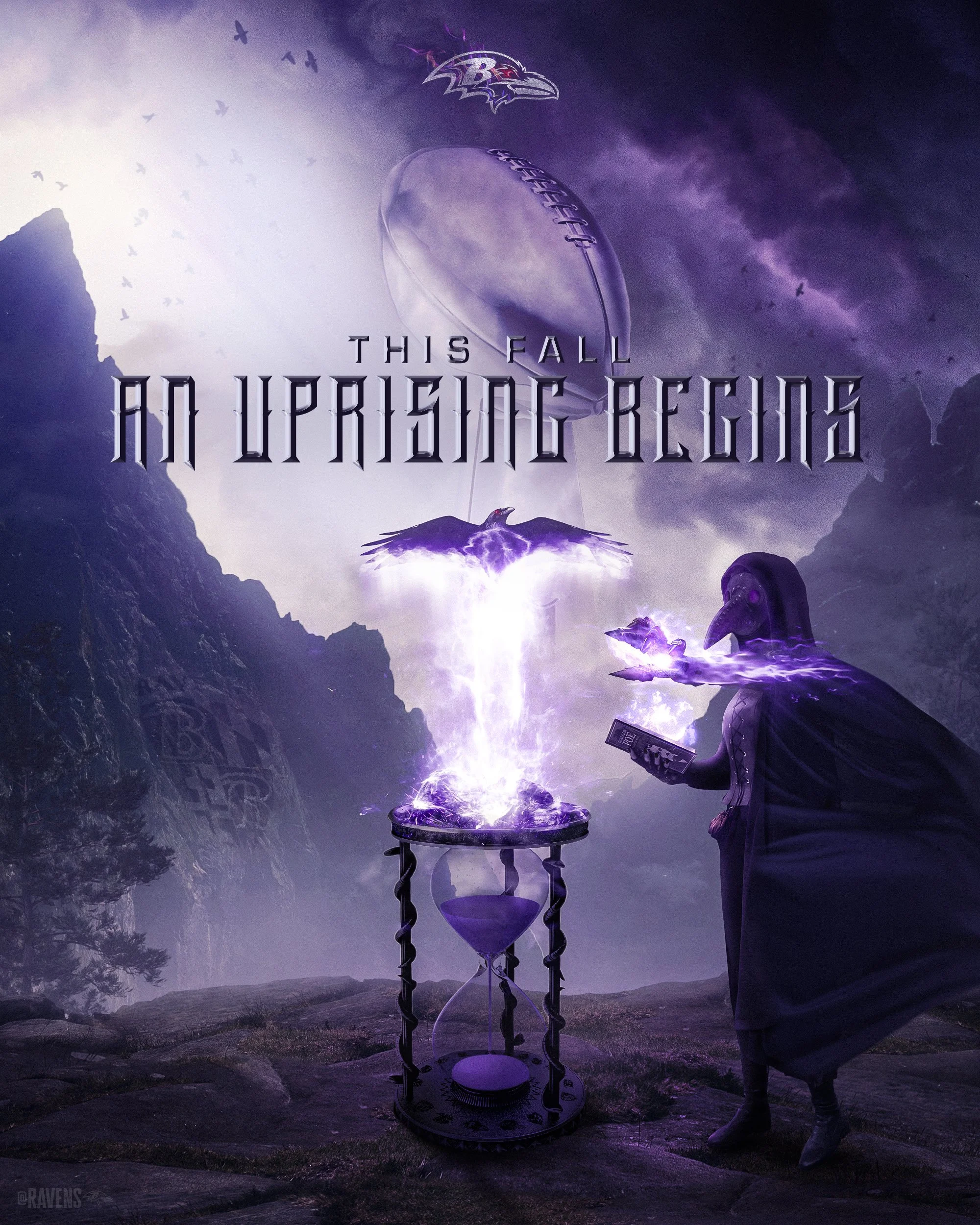 Rise and Conquer Launch Poster. This poster was a composite of a Raven rising from the ashes in a fantasy world overlooking the superbowl trophy in the distance. The photo of the Plague Doctor was an in house photoshoot with a Ravens staffer in a cos