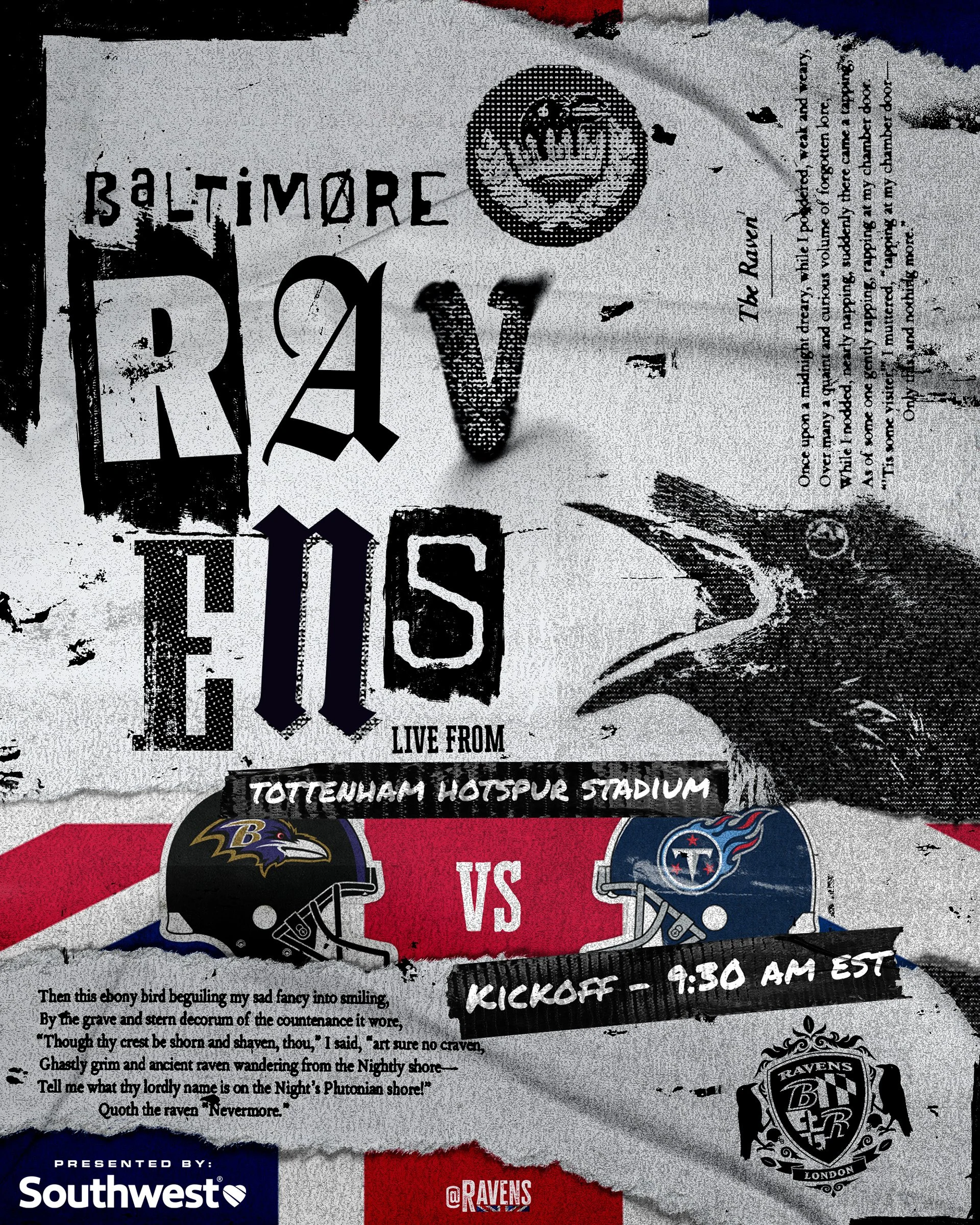 Baltimore Ravens Poster for the London game against the Tennessee Titans in 2023. The poster was inspired by British punk-rock with the addition of custom Ravens stamps.