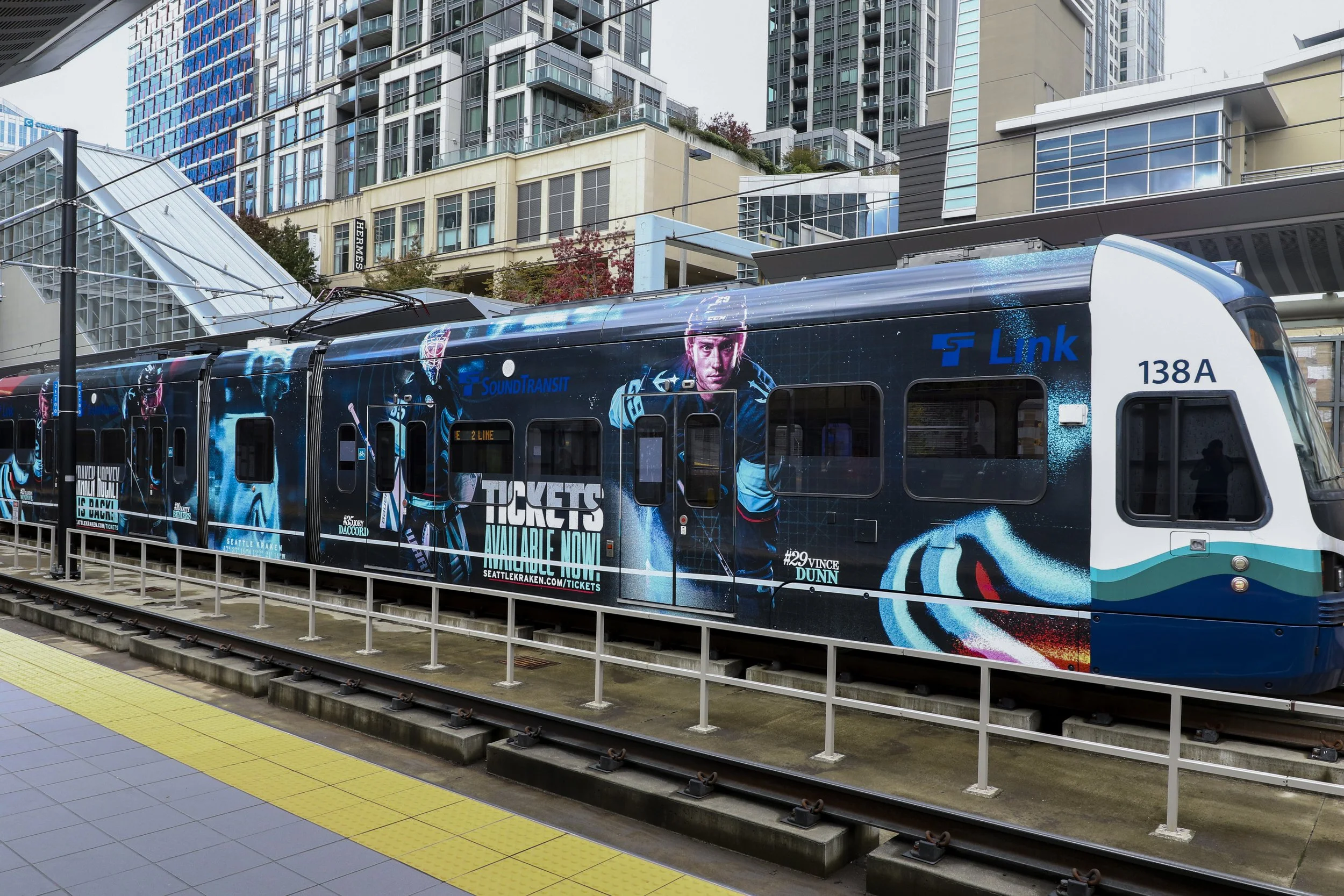 Vinyl wrapped Link Public Transit in Seattle for the Seattle Kraken NHL Team.