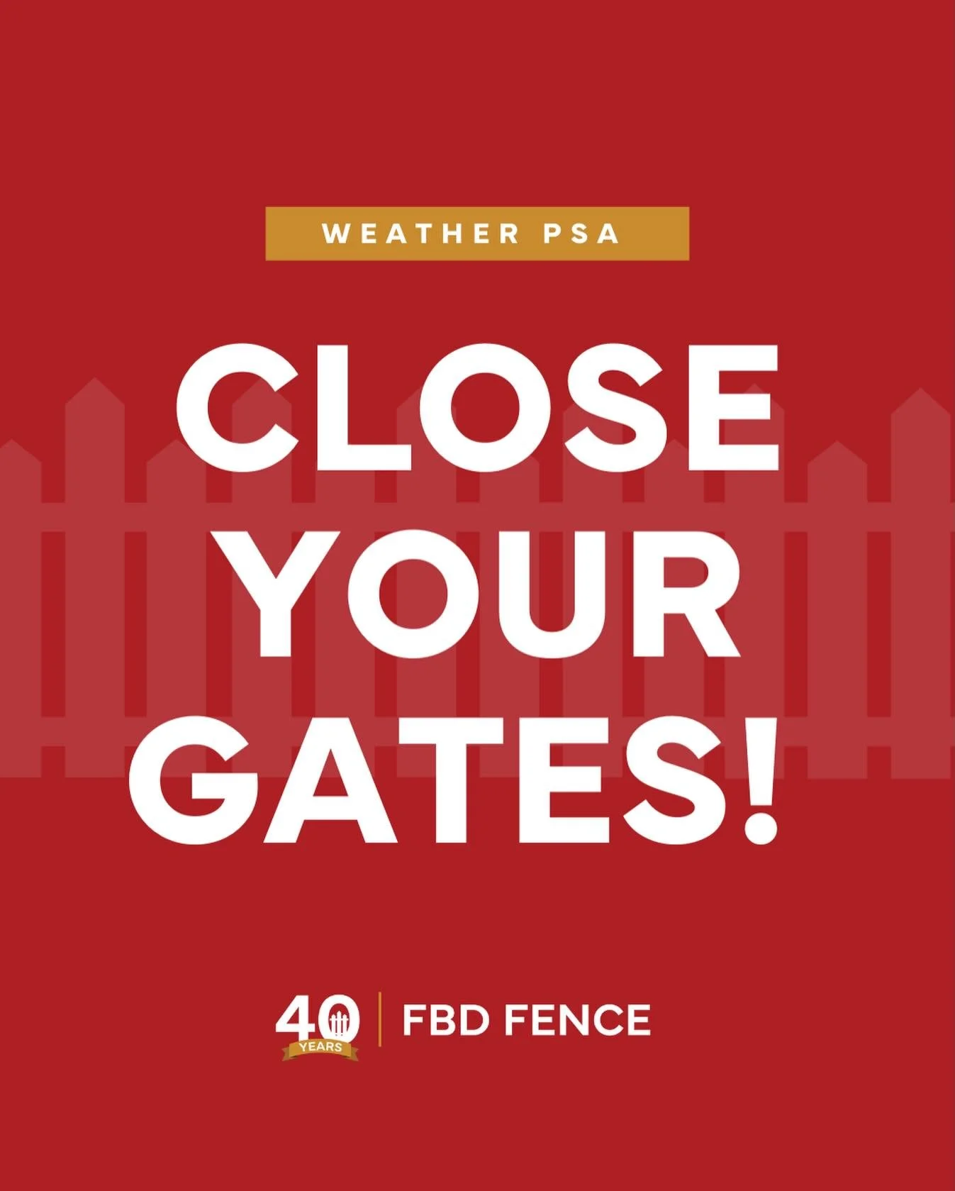 ⚠️An important weather update from your favorite fence company⚠️

We are expecting VERY high winds this weekend (think 40-60 MPH high). Howard County is officially in a high wind warning starting tomorrow morning.

Please ensure your gates remain clo