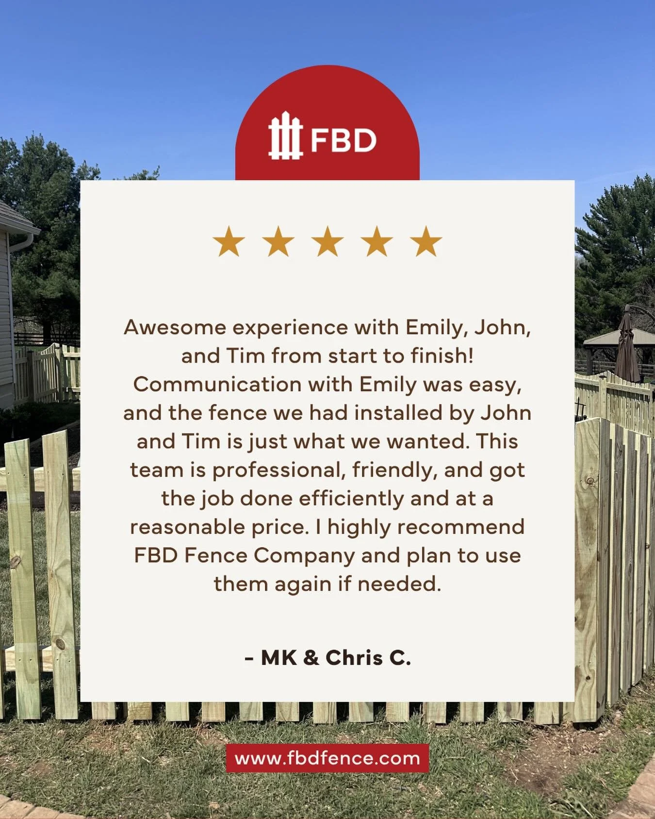 Another review that reminds us exactly why we do what we do! Thank you to Mary Katherine and Chris for your trust in FBD to complete your family&rsquo;s fence project! 

If you&rsquo;re ready to experience the FBD difference, give us a call or use th