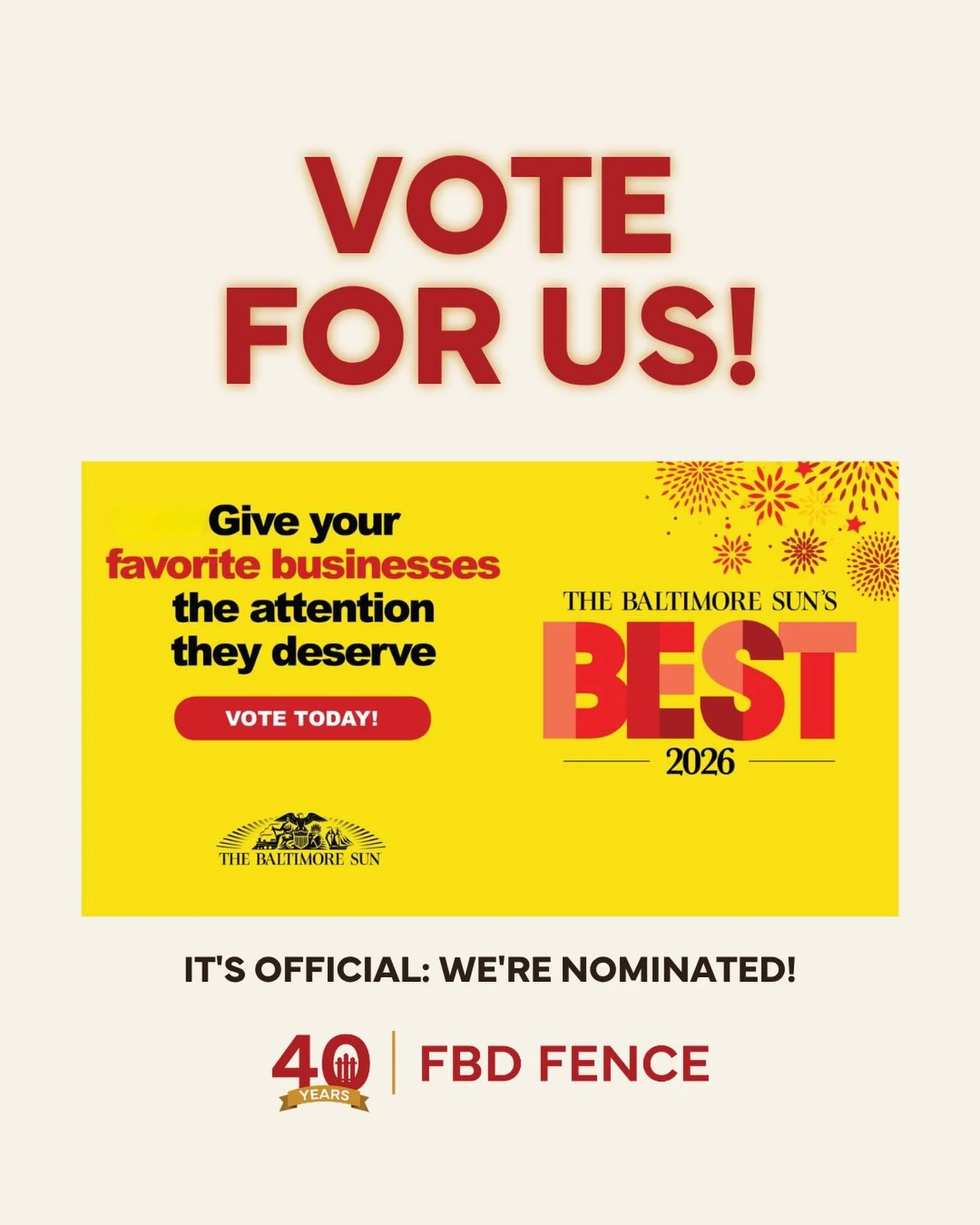 FBD was nominated as one of the best fence installation companies for 2026! What better way to celebrate our 40th year 🏆✨

Each year @baltimoresun gives readers the opportunity to nominate their favorite local businesses, and it is an honor to even 