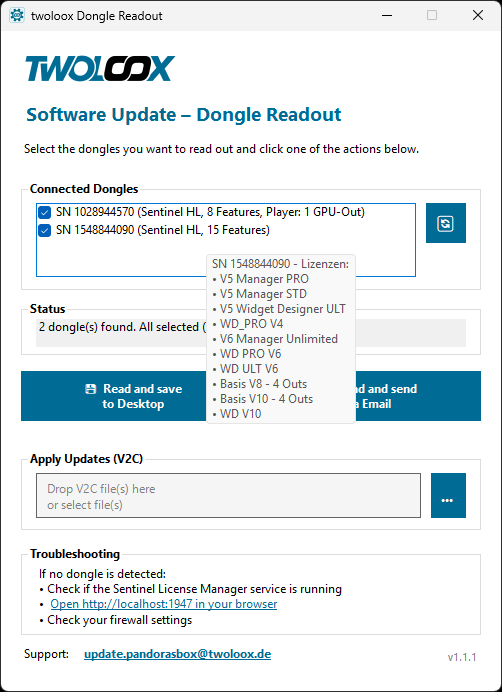 Dongle Readout – hover to reveal included licenses