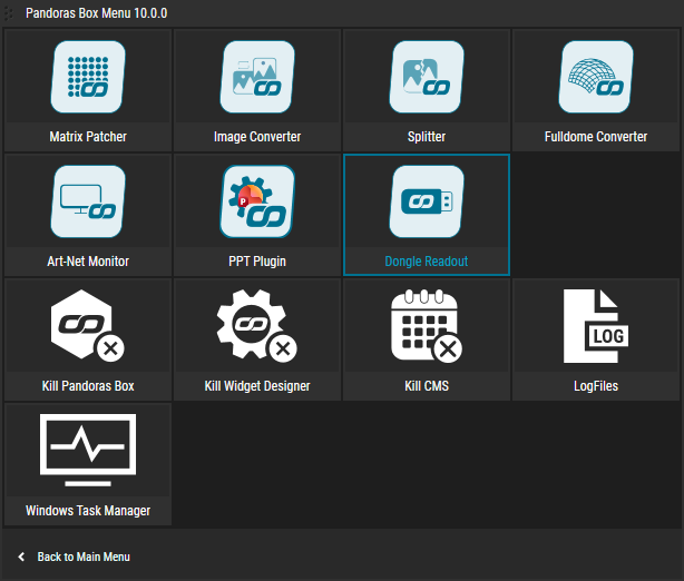 Pandoras Box Menu – open Dongle Readout from Utilities