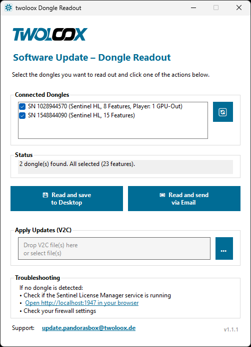 Dongle Readout – connected dongles listed