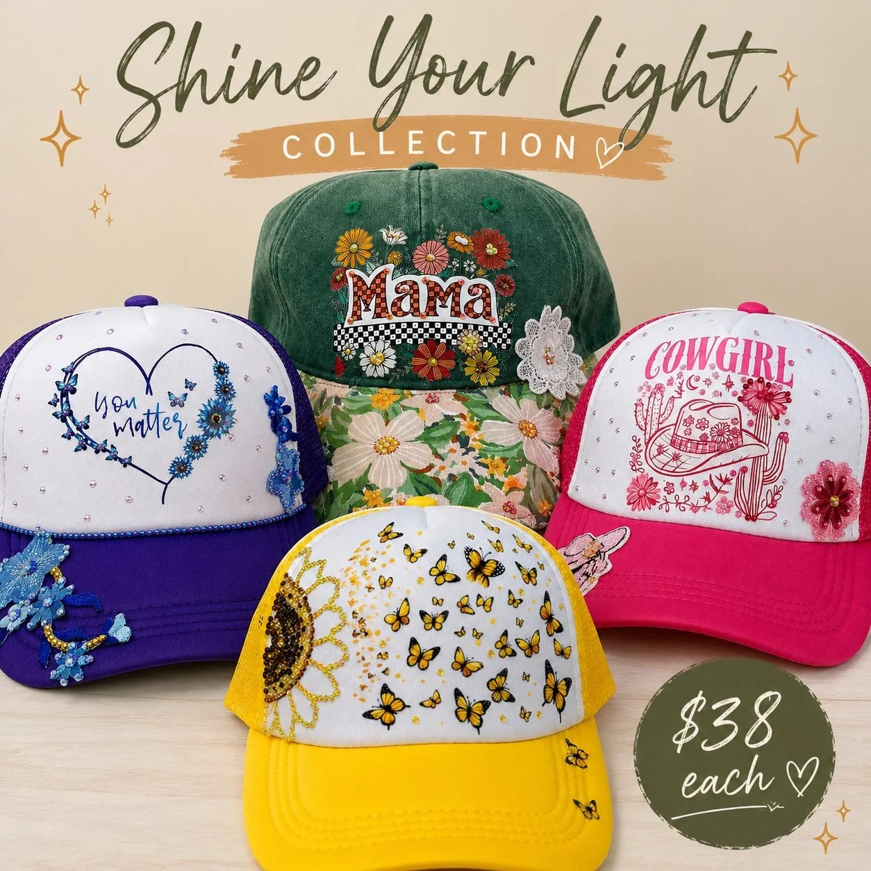 #ShineYourLight #DontDullMySparkle #BeYourself
✨ Don&rsquo;t let anyone dull your sparkle. ✨

A little reminder from Feel Heal Grow: the world needs more of you being you&mdash;bright, bold, different, and completely yourself. 💛

These handmade hats