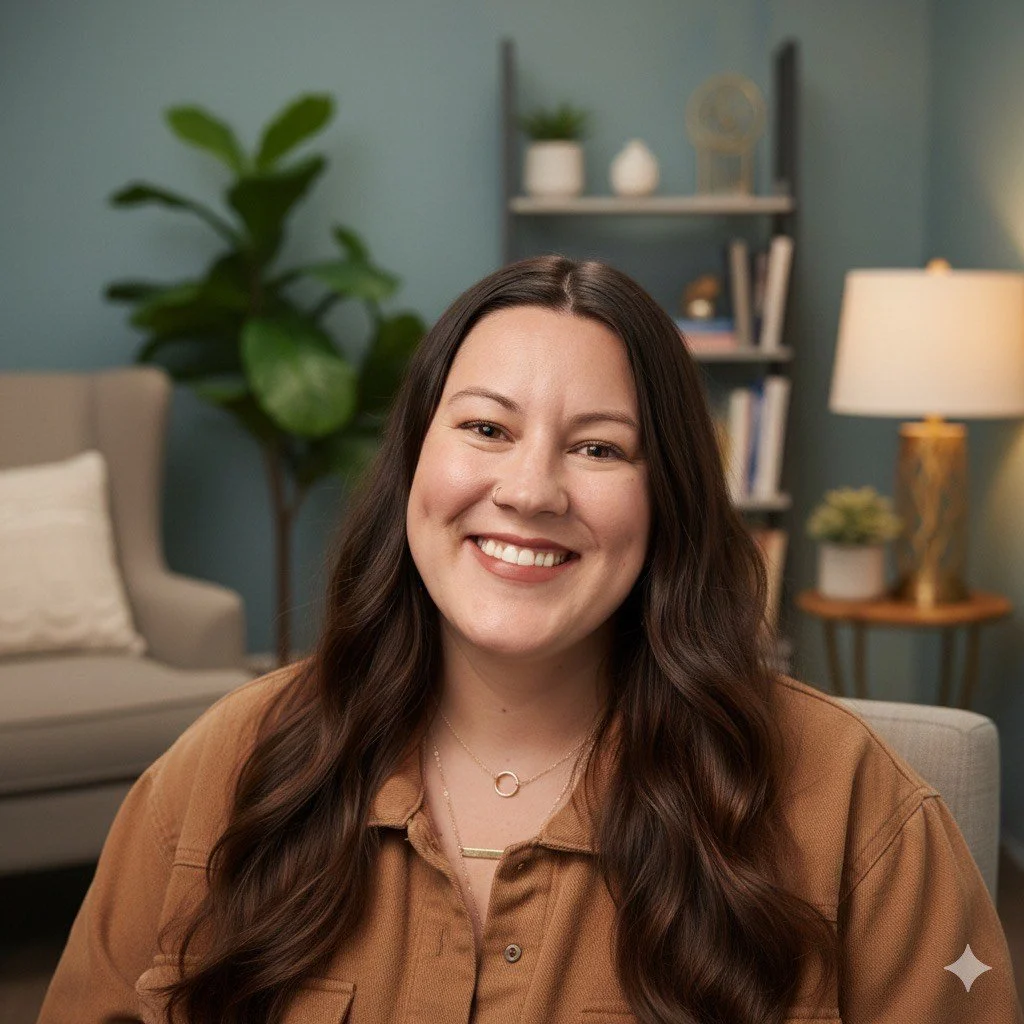 A smiling woman with long dark hair sitting in a cozy living room with blue walls, a bookshelf, a beige sofa, a potted plant, and a table lamp.