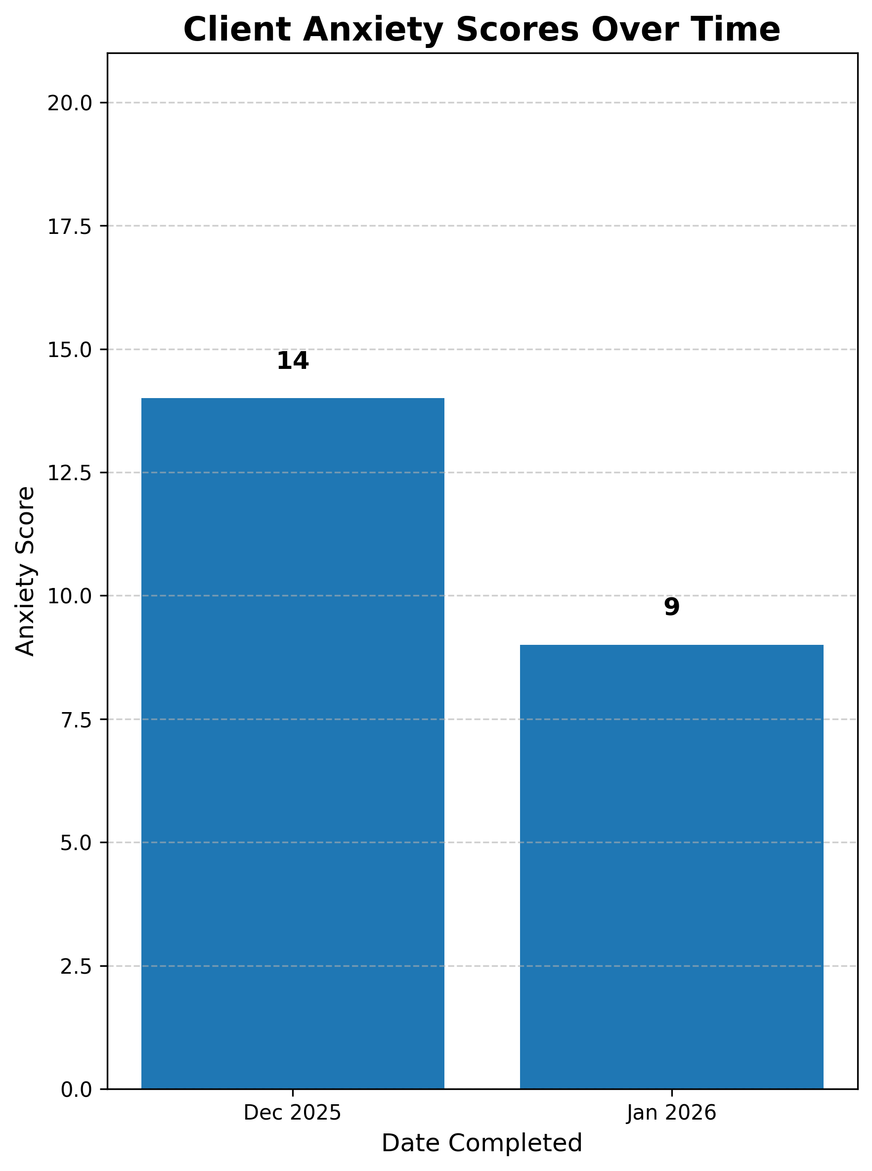 Bar chart titled 'Client Anxiety Scores Over Time' showing scores for December 2025 and January 2026, with December scores at 14 and January scores at 9.