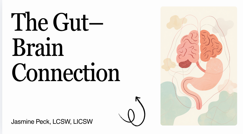 Illustration of the gut-brain connection showing a brain and stomach connected by pathways.