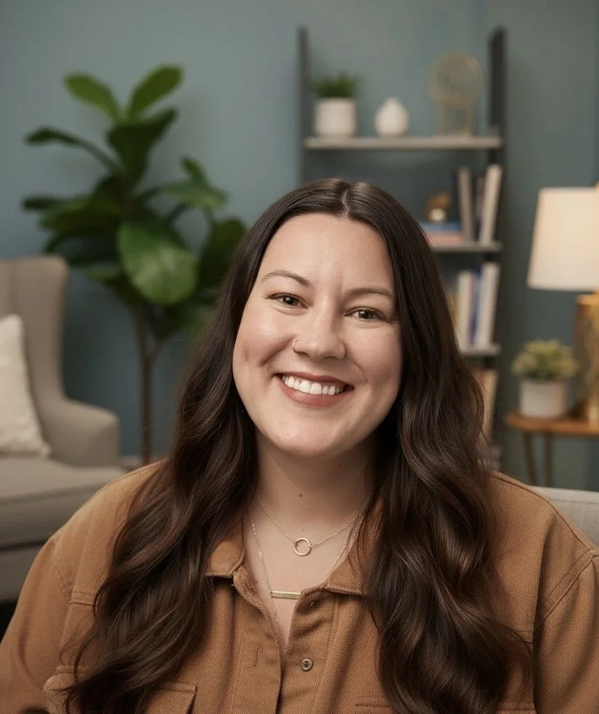 A smiling woman with long dark hair in a brown shirt sits in a cozy living room with a beige couch, green plant, and bookshelf in the background.