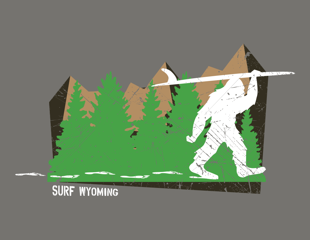 A stylized graphic of a snowboarder in mid-air performing a jump against a backdrop of mountains and pine trees, with the text 'Surf Wyoming' at the bottom.