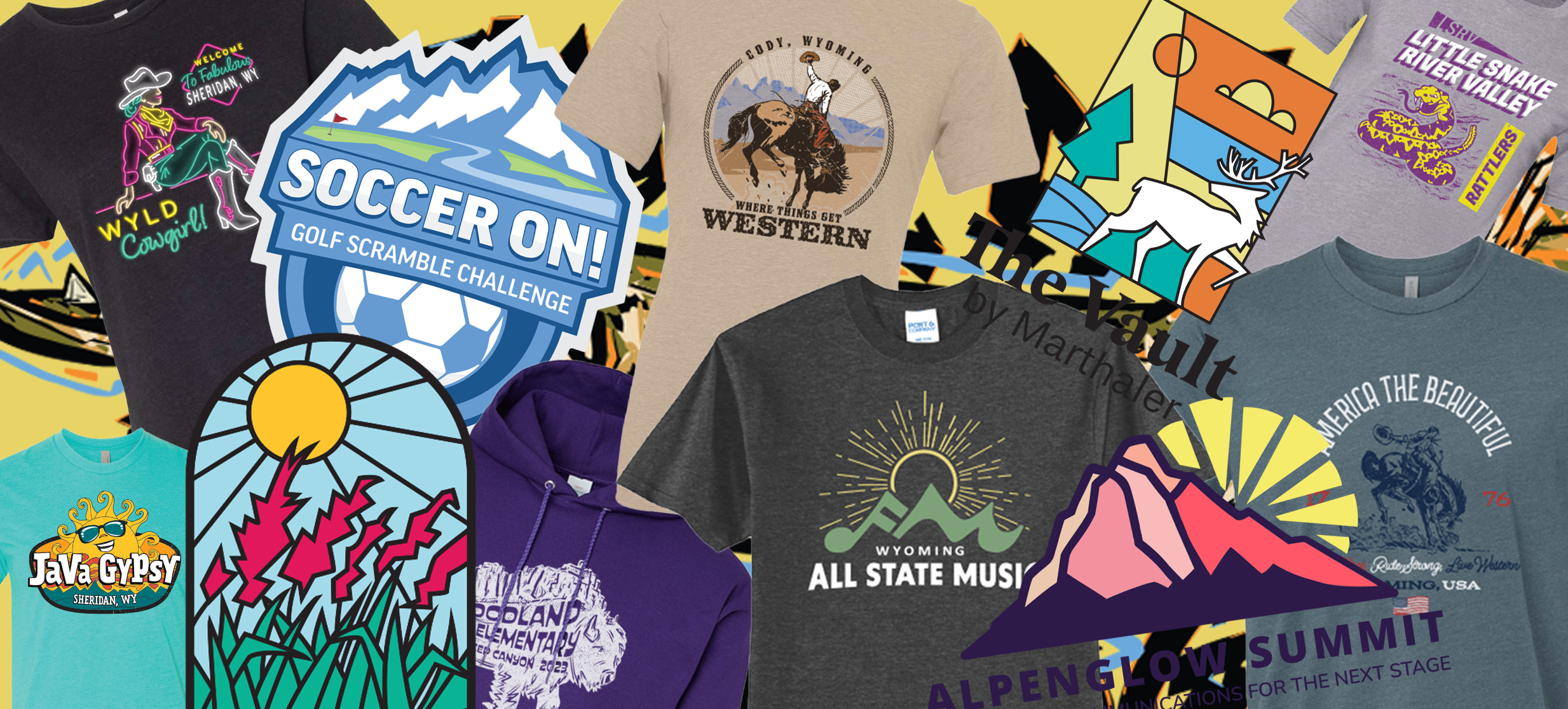 A collage of various colorful T-shirts and hoodies featuring different graphic designs and logos, including sports, travel, music, and nature themes.
