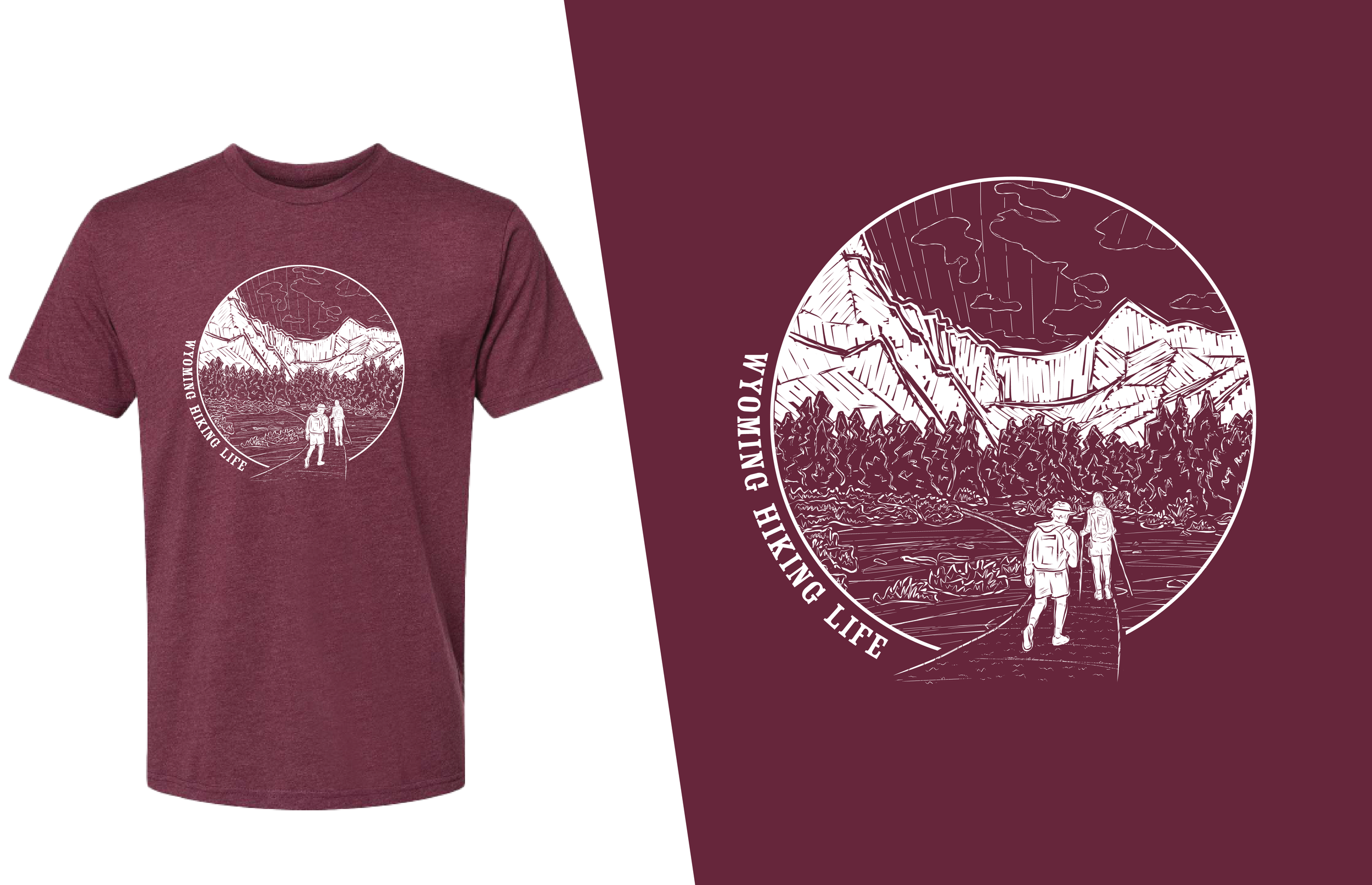 Maroon T-shirt with a white graphic of two hikers walking near a river with mountains and forest in the background, and the words "WYOMING HIKING LIFE" curved along the side of the graphic.