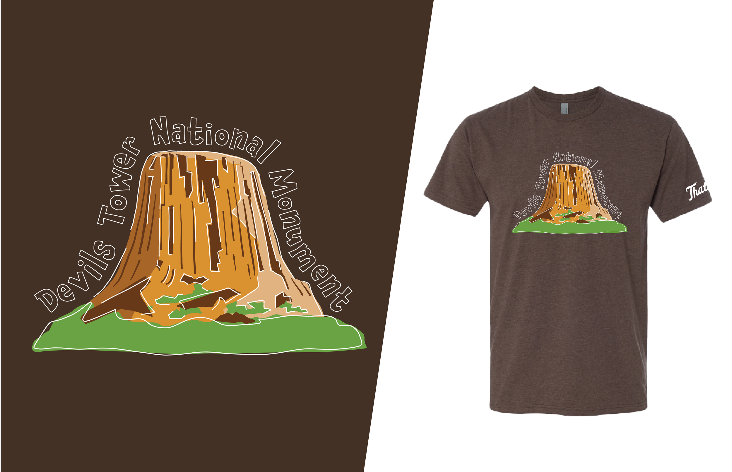 T-shirt with a graphic of Devil's Tower, with the text 'Devil's Tower National Monument' encircling it.