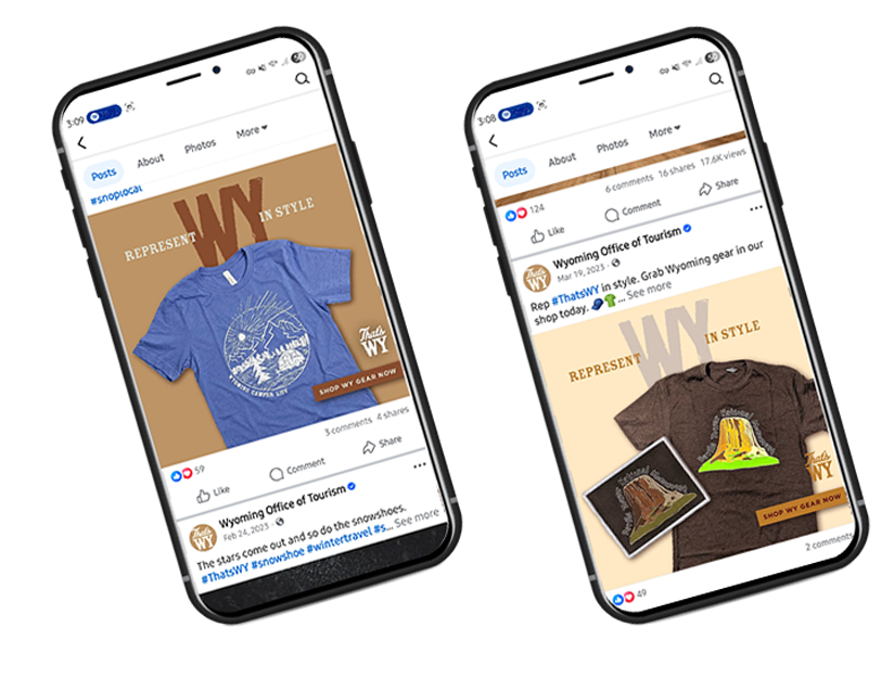 Two smartphones displaying social media posts with Wyoming-themed T-shirts; one blue T-shirt with a design and text, and one brown T-shirt with a patch of Yellowstone National Park and a sticker of a volcano.