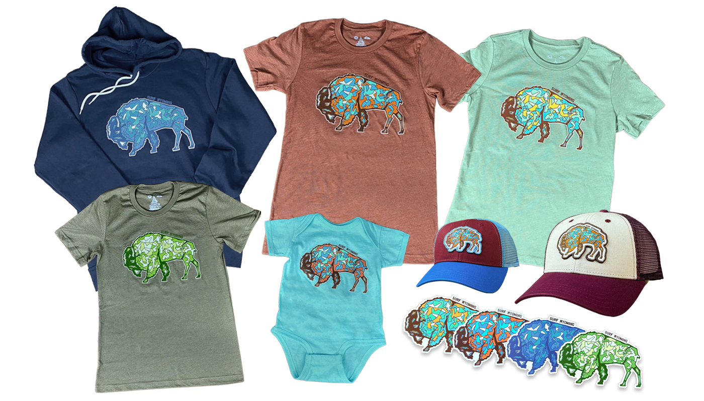 Collection of clothing and accessories featuring a bison graphic and surf Wyoming branding, including hoodies, T-shirts, a cap, and stickers in various colors.