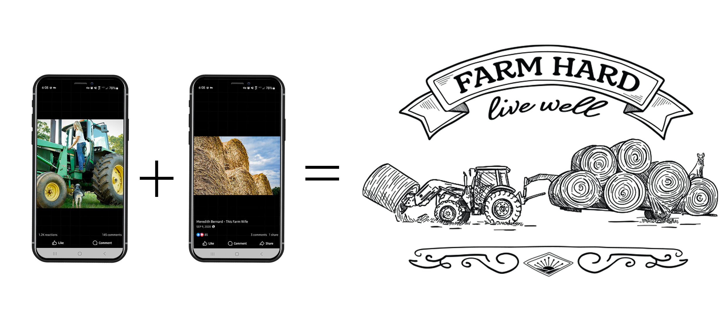 Graphic showing two smartphones with farm images, culminating in a farm-themed graphic with a tractor, hay bales, and the phrase "Farm Hard Live Well".