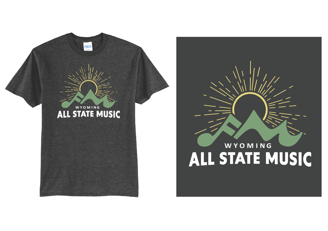 Dark gray T-shirt with a graphic design of mountains, a sun, and a musical note, with the text "Wyoming All State Music".