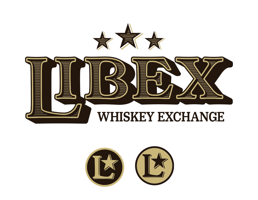 Logo for Lex Whiskey Exchange featuring three stars above the name and two circular gold and black medallions with a star and the letter L