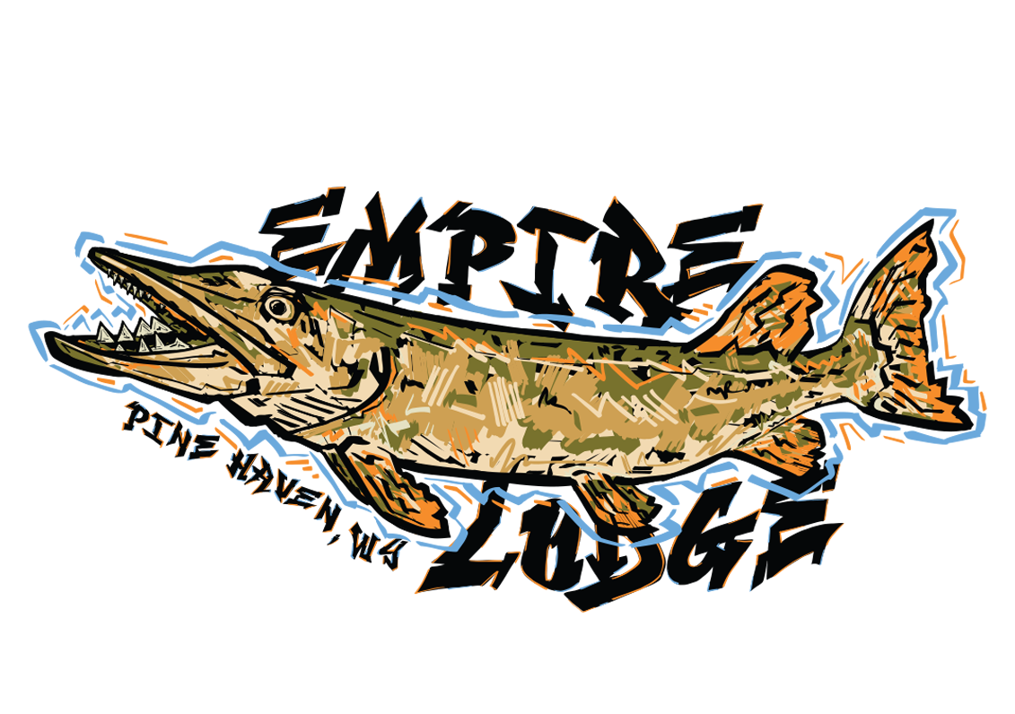 Colorful fish illustration with text reading "EMPIRE LOGFISH" and "PINE HAVEN, MS".