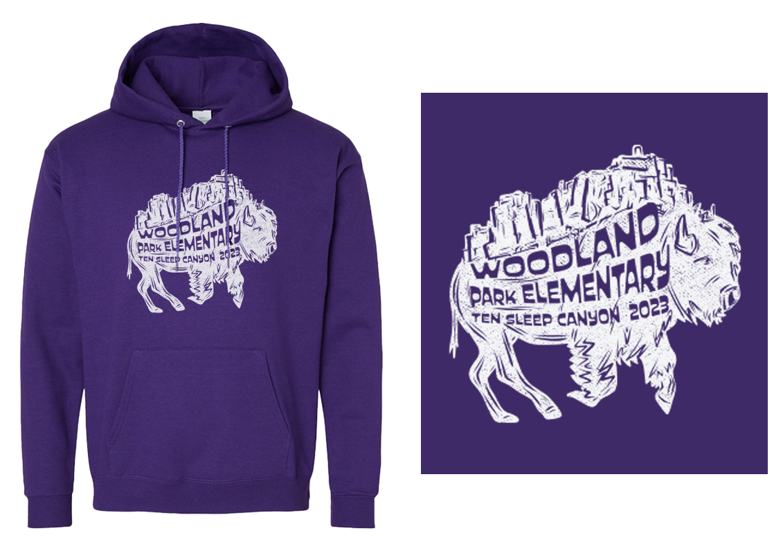 Purple hoodie with a graphic of a bison and text that reads 'Woodland Park Elementary Ten Sleep Canyon 2023'.