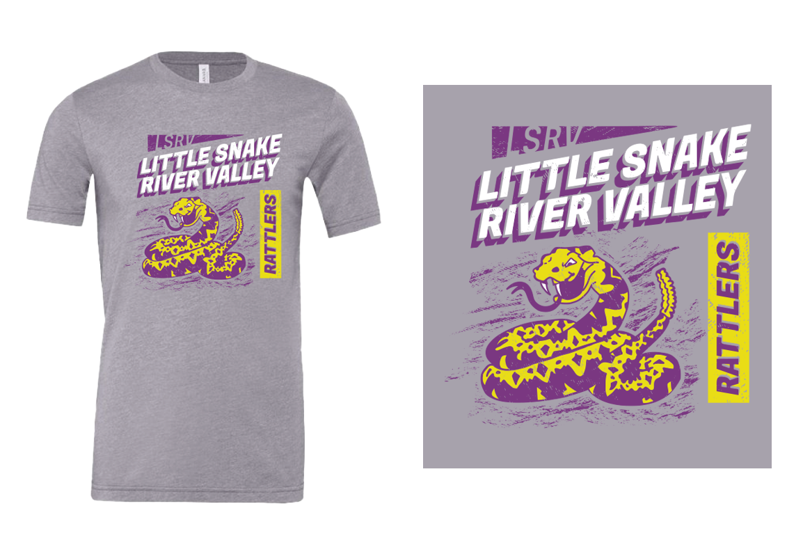 Gray T-shirt with purple and yellow graphic design featuring a snake and the text 'Little Snake River Valley Rattlers'.