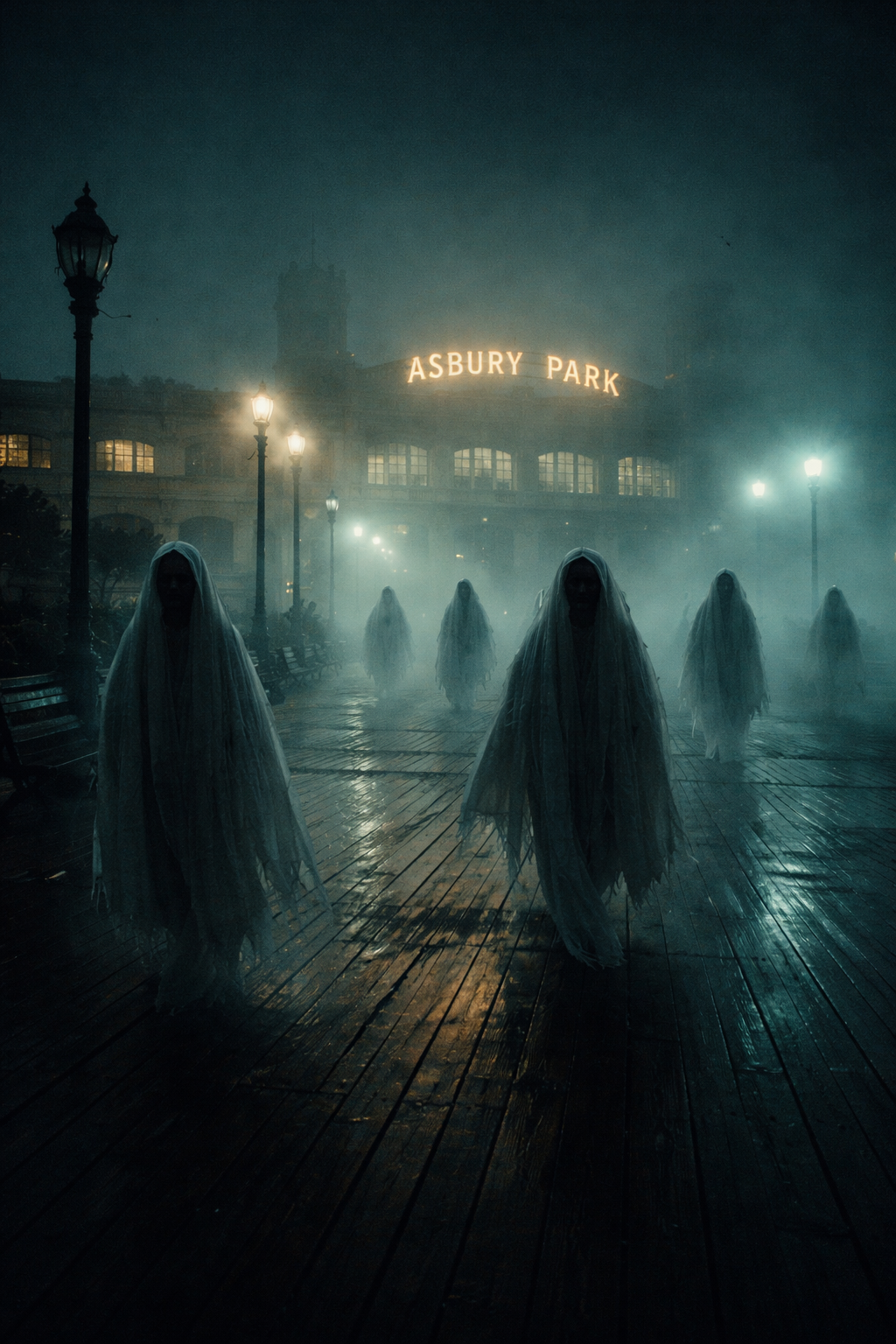 Spooky scene at Asbury Park  ghostly figures draped in white cloth walking along the wet wooden boardwalk at night with the Asbury Park sign illuminated in the background and fog surrounding the area.