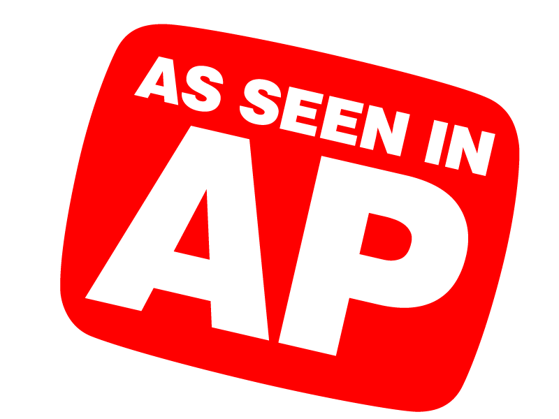 A red badge with white text that says "As Seen in AP" on a black background.