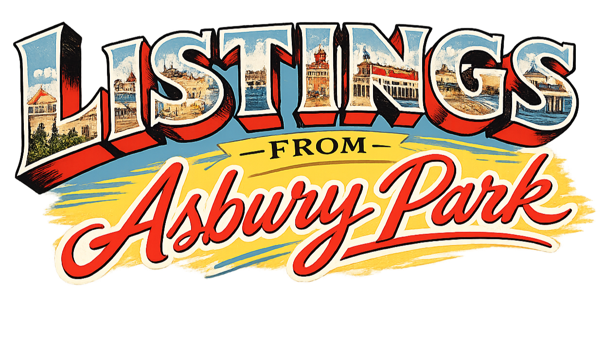 Colorful graphic design with the words "Lustings from Asbury Park" in stylized text, featuring illustrations of beach scenery, with buildings, a pier, and blue sky in the background.