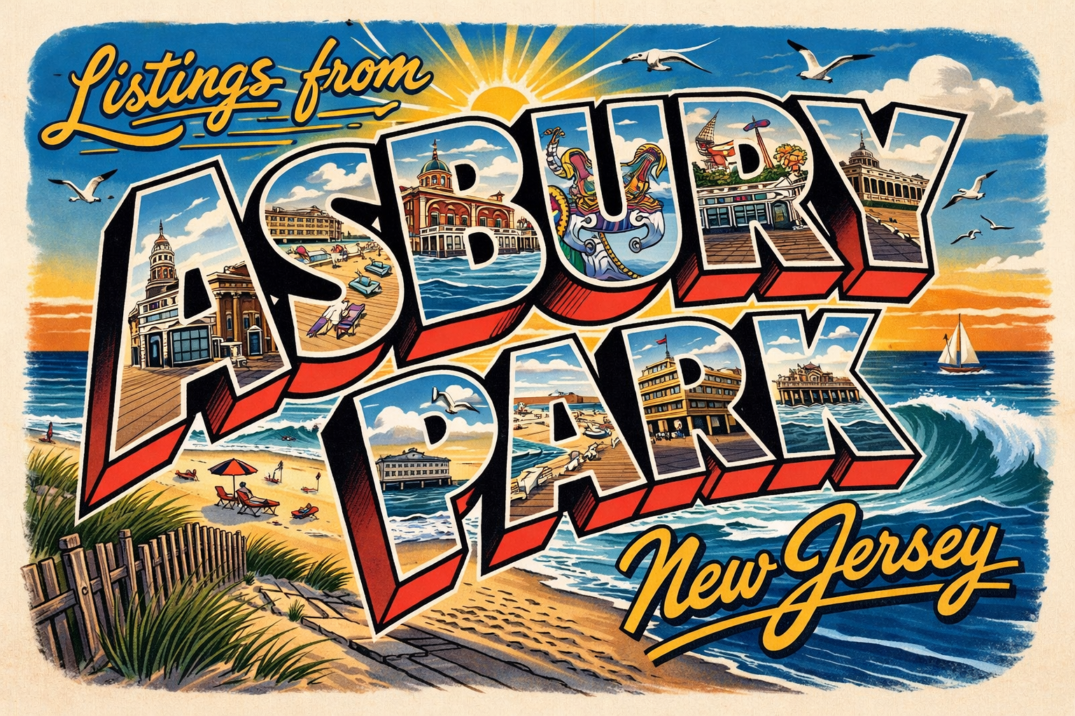 Colorful vintage-style illustrated postcard of Asbury Park, New Jersey, featuring a beach scene with dunes, a walkway, beach chairs, umbrellas, and the ocean with a sailboat. The postcard has the text "Listings from Asbury Park New Jersey" in large, decorated letters with seaside landmarks and seagulls.