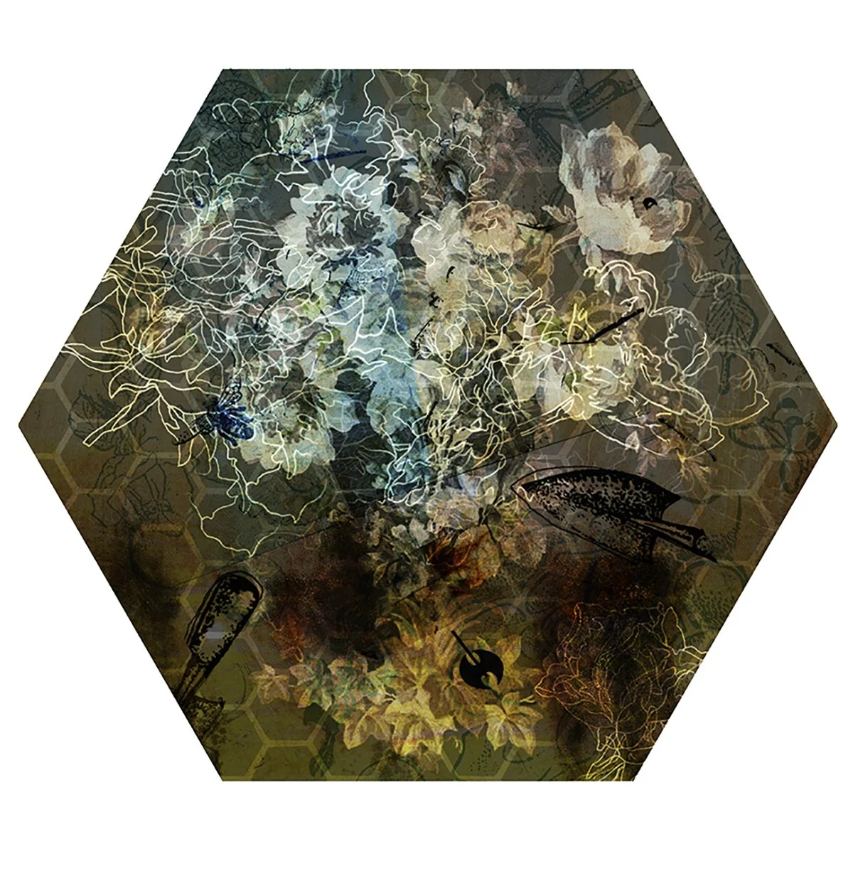 A hexagon-shaped collage featuring flowers, lightning, insects, a fish, and honeycomb patterns in a dark, artistic style.