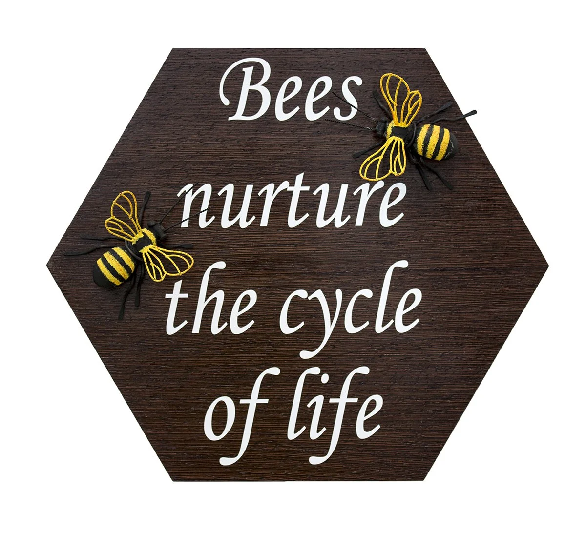 Wooden hexagon sign with white text that reads 'Bees nurture the cycle of life,' decorated with two small yellow and black striped bee ornaments.