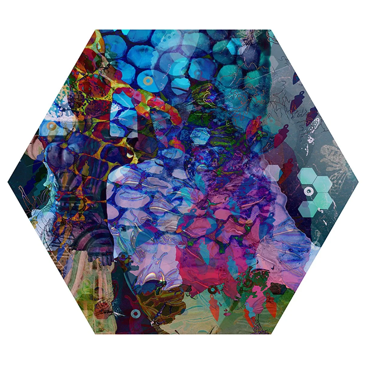 Abstract digital artwork with vibrant colors, hexagons, and overlapping shapes within a hexagonal frame.