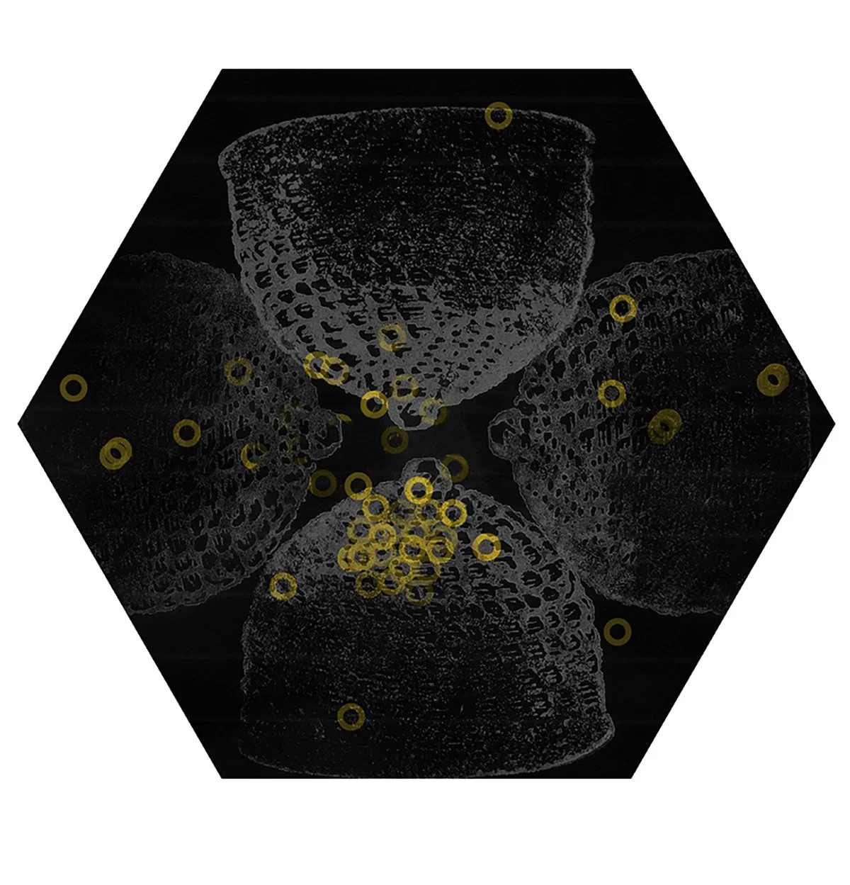 3D scientific visualization of molecular structures with highlighted points.
