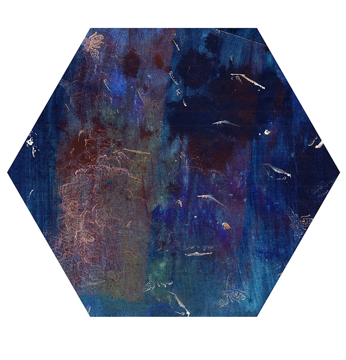 An abstract, multicolored hexagon-shaped artwork with dark blue, purple, red, and turquoise hues, featuring faint fish, jellyfish, and coral-like patterns.