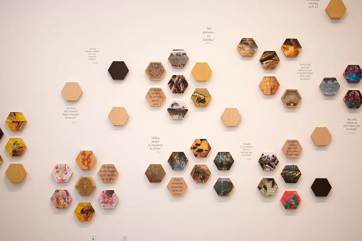 Wall display featuring hexagonal shelves with bee-themed images, quotes about bees, and motivational words.