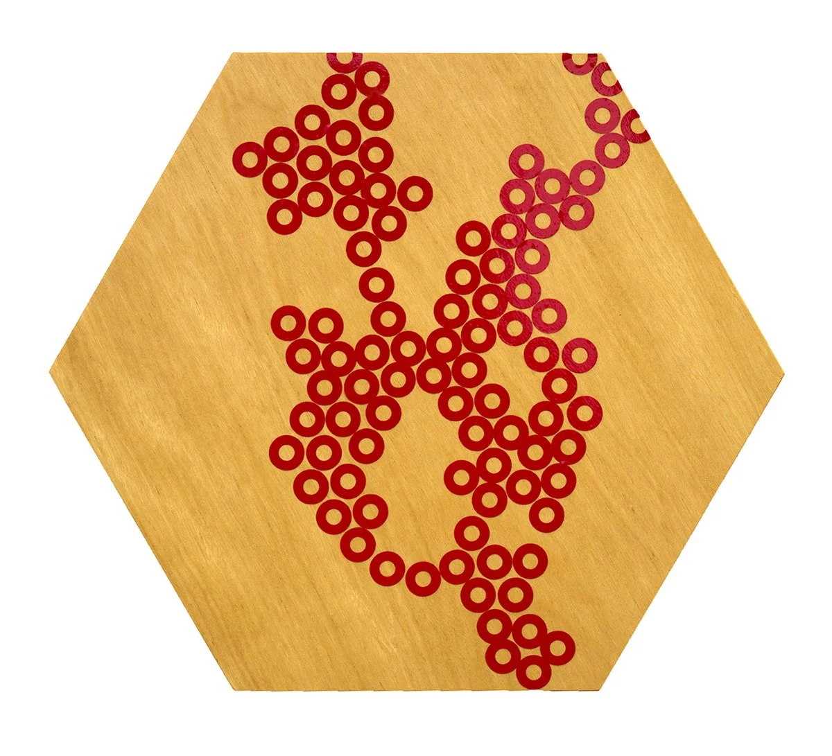 A wooden hexagonal board featuring a pattern of red rings arranged to form a dollar sign.
