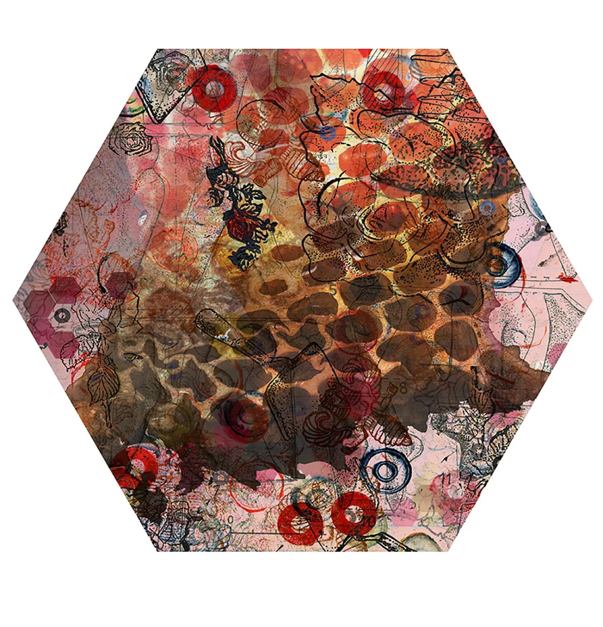 Abstract collage with sketches of flowers, leaves, fruits, and geometric shapes in red, black, pink, orange, and brown tones.