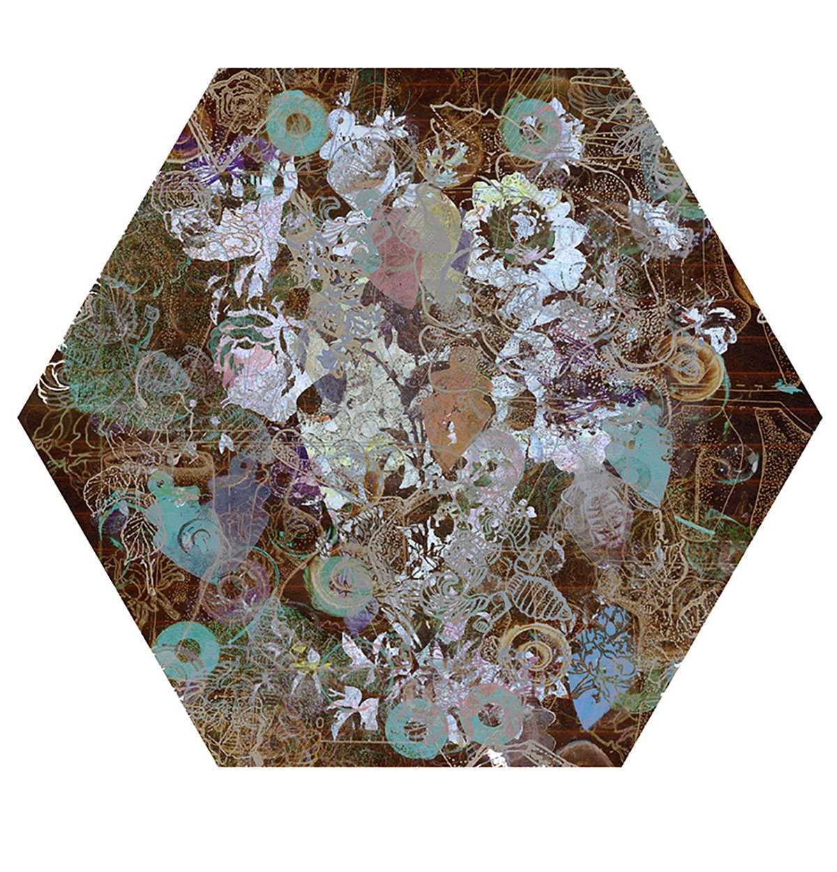 Abstract art with botanical and floral elements in pastel and earth tones, hexagonal shape.