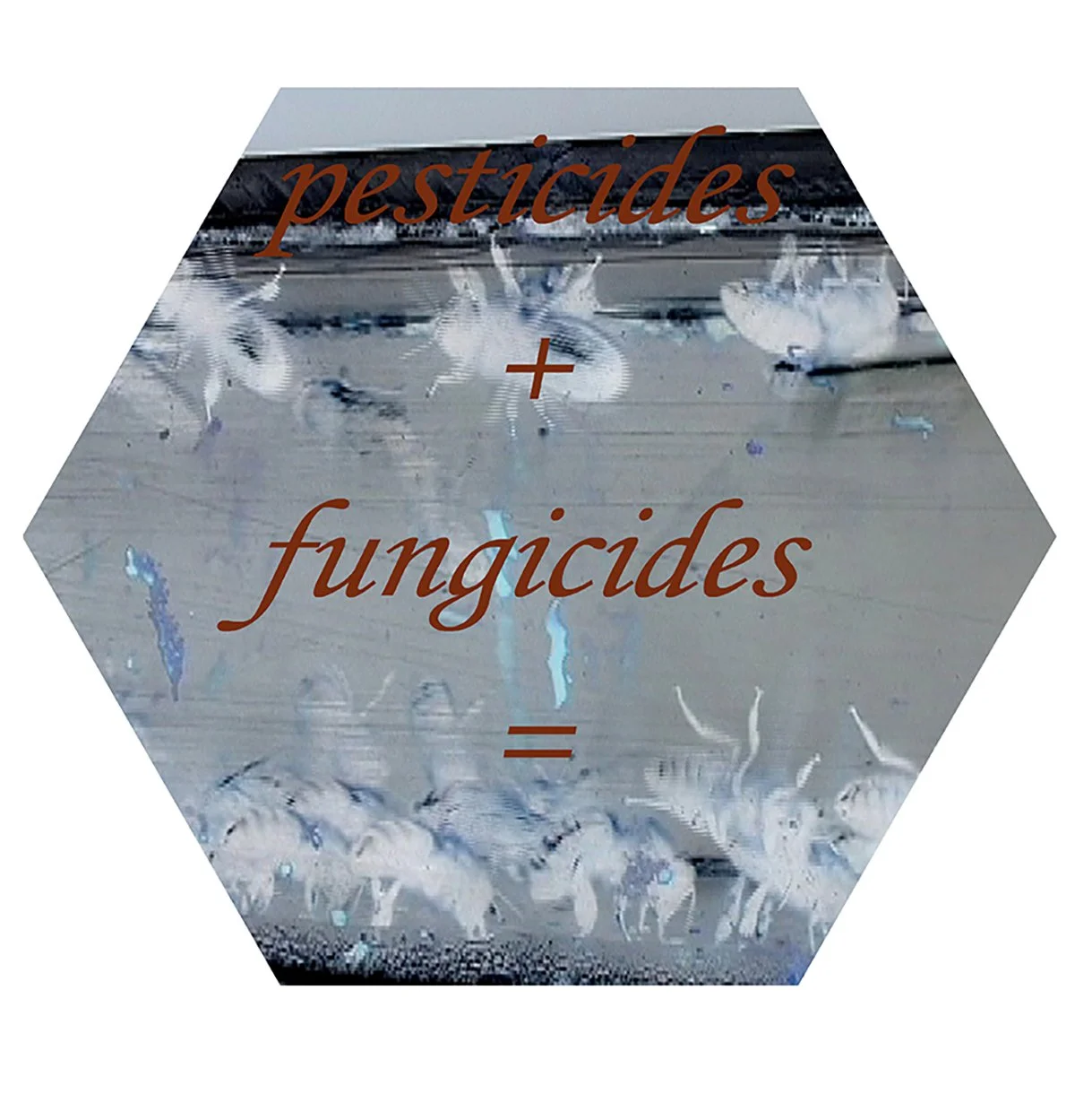 Close-up of a glass surface with chemical symbols for pesticides and fungicides written over it.