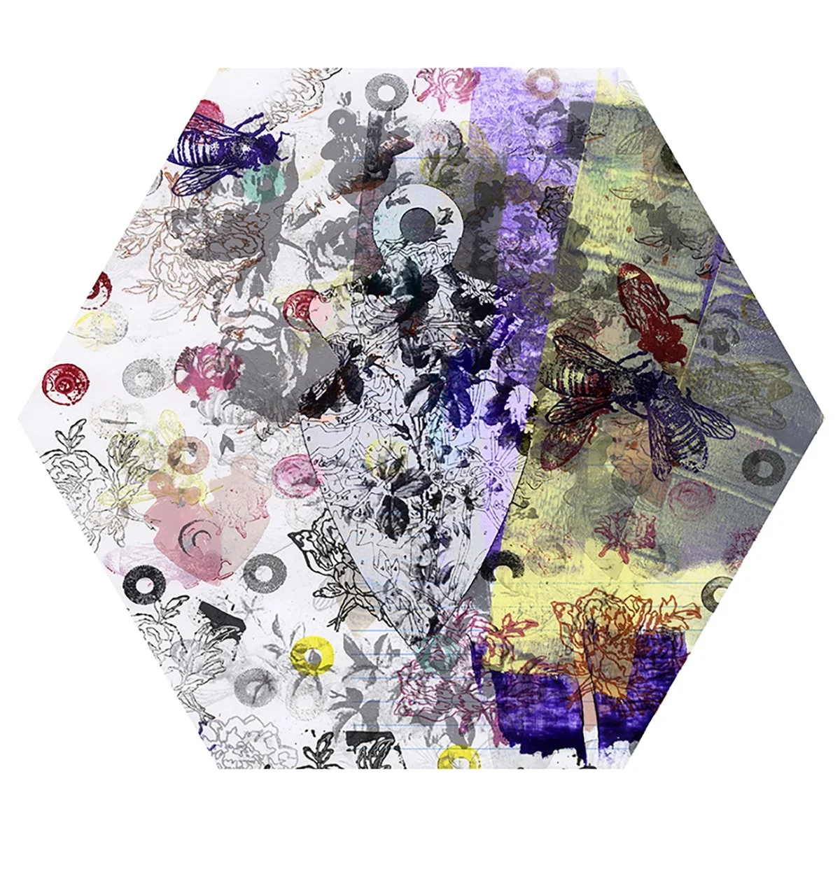A collage of overlapping hexagon-shaped layers with various botanical and insect illustrations, including bees, butterflies, and flowers, in different colors and levels of transparency.