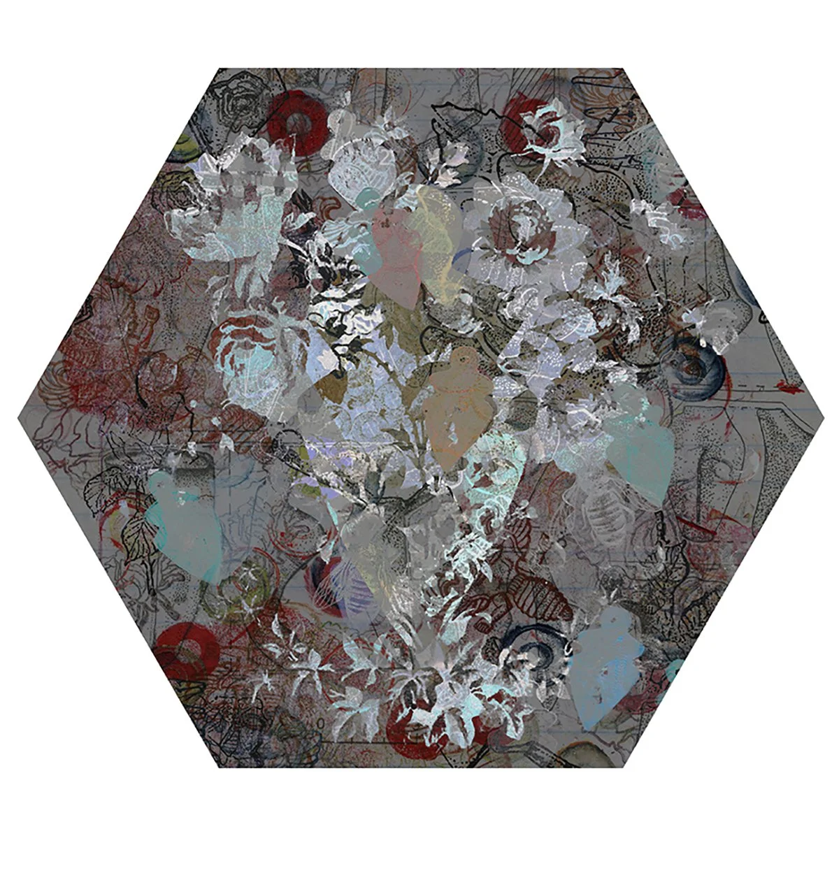 A hexagonal shape containing a collage of overlapping floral and abstract patterns, with various colors and line drawings.
