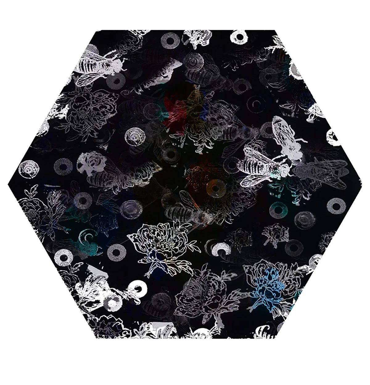 Black hexagon-shaped surface with white floral and bee patterns and circular elements scattered across it.